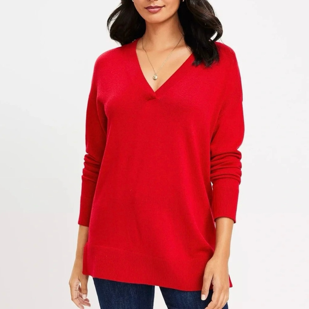 NWT  LOFT  Bright Red V-Neck Tunic Long Sleeve Sweater - XS